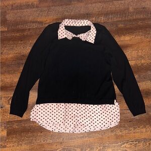 Adrianna Papell Black Sweater w/ Black Pink Polka Dot Undershirt Attached Size L